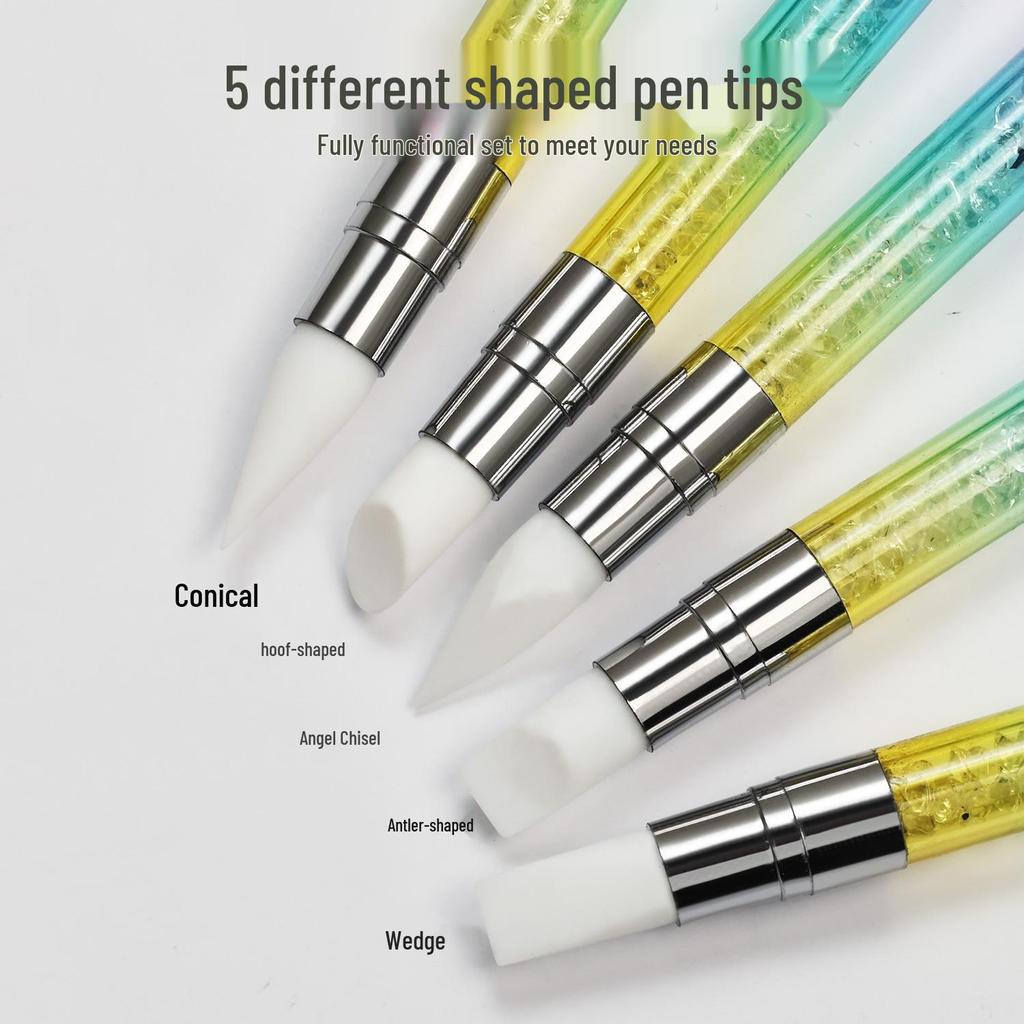 5-Piece Double-Ended Nail Art Silicone Pen Set with Rhinestones - Hollow Carving, Embossing, Smearing, and Mirror Powder Brushes.