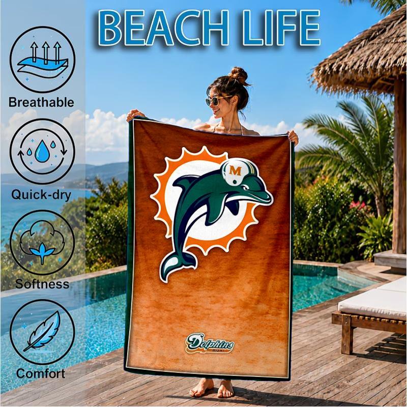 Dolphins Team Logo Artwork Beach Towel, Microfiber Beach Towel, Perfect For Pool, Beach, Travel, Home Decor Beach Party Fan gifts