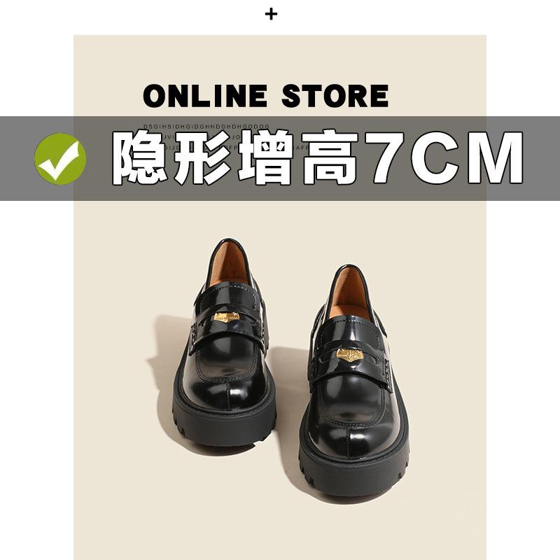 

Small leather shoes women s thick heel single shoes versatile inner height increase 7cm black patent leather spring and autumn new round head 3233 33 чорний