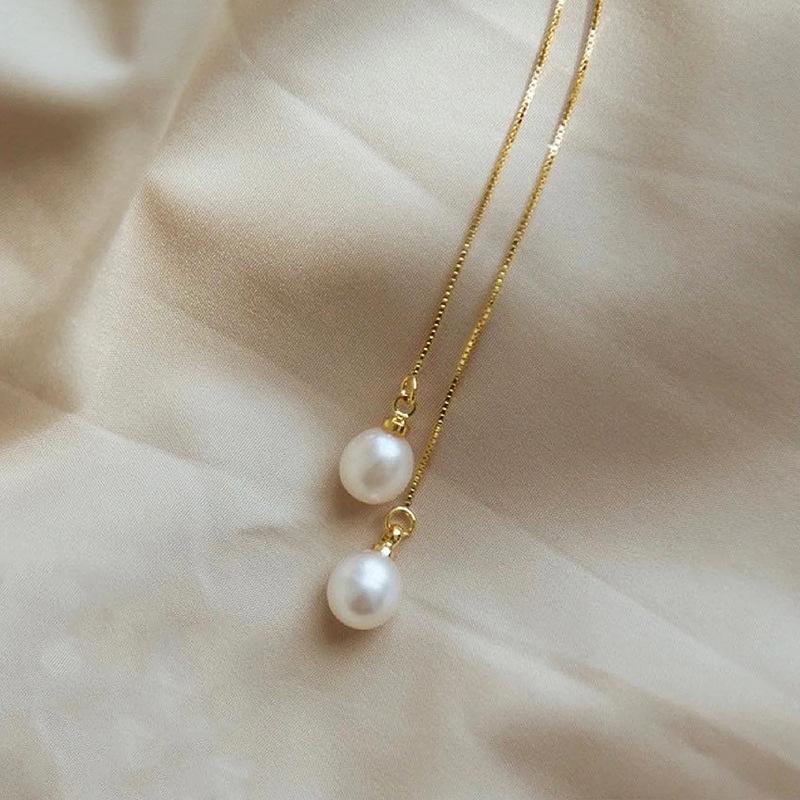 Gold Plated Pearl Threader Earrings, Delicate Long Chain Drop Earrings for Women