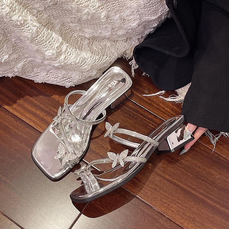 

Fashion Women s Sandals Shoes Summer 2025 New High Heels Women Slippers Elegant Crystal Open Toe Dress Slides Ladies Flops Pumps 36