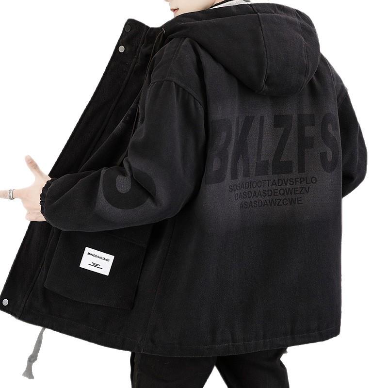 Trendy Mid-Length Men’s Winter Denim Parka with Plus Velvet Hood