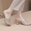 French niche temperament thick heel slippers sandals women's versatile comfortable rhinestone high heel cool slippers summer wear one-word drag