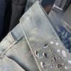 Versatile American Retro Light Blue Denim Skirt with Rhinestone Letter Embroidery