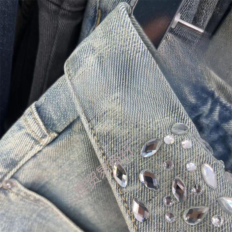 Versatile American Retro Light Blue Denim Skirt with Rhinestone Letter Embroidery
