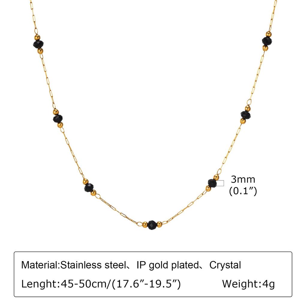 Necklace for Stainless 18K Gold Crystal [Rockyu] Women, Steel, Plated, Green, Black, Beads, Chain, 45-50cm (black)