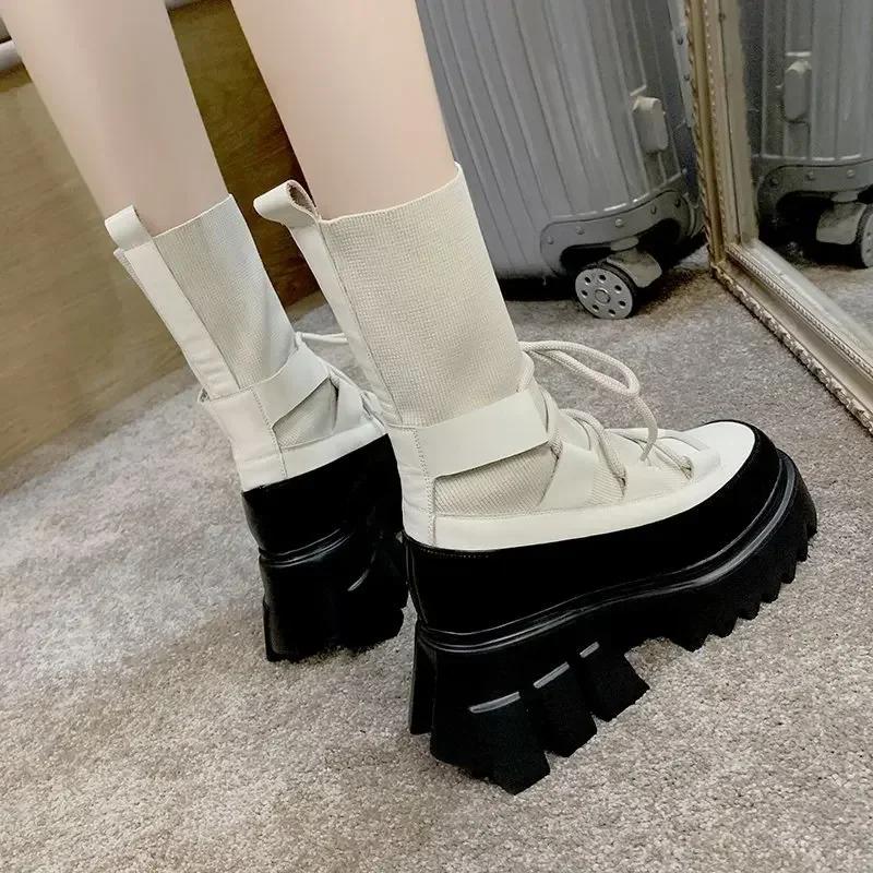 sales Black Wedges Platform Sock Boot Woman Fashion Lace Up High Heels Shoes Elastic Knitting Chunky Ankle Boots for Women