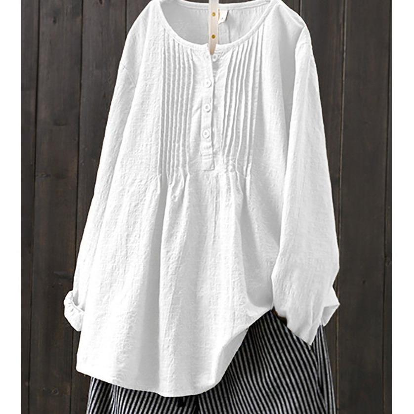 2025 Korean Style Loose Pleated Long-Sleeve Retro Cotton Linen Shirt for Women