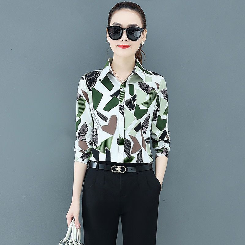 

Рубашка женская с длинными рукавами и принтом, новинка 2023 года, корейская версия, свободная женская шифоновая рубашка с цветочным принтом 5XL темно-зеленого