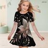 Girls Round Neck Short Sleeve A Line Flared Hem Printed Dress