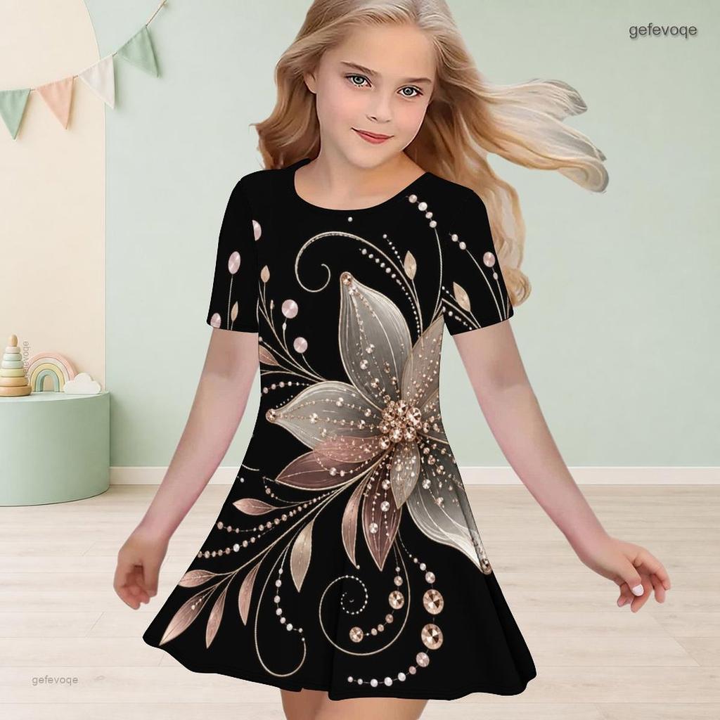 Girls Round Neck Short Sleeve A Line Flared Hem Printed Dress