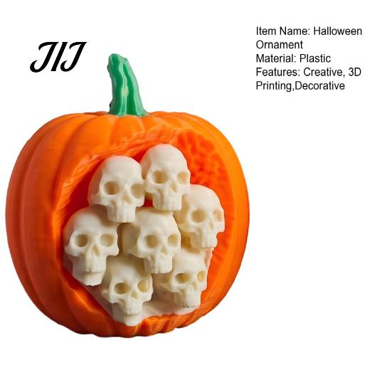 Decorative Skull Fruit Shells Halloween Pumpkin Apples Statue, 3D Printed Spooky Figurine with Creepy Miniature Home Ornaments Embedded Skulls,