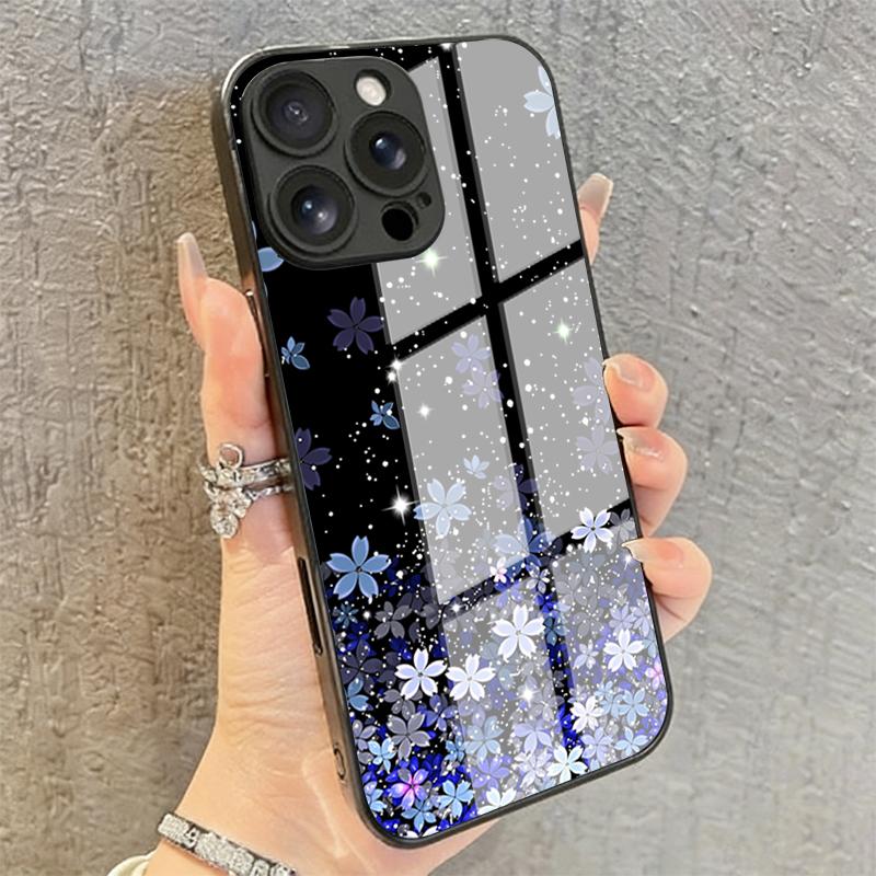 Starry Sky Blue Purple Floral Tempered Glass Phone Case For Samsung Galaxy S26 Ultra S25 S24 Ultra Plus 5G S23 FE Protect Cover
