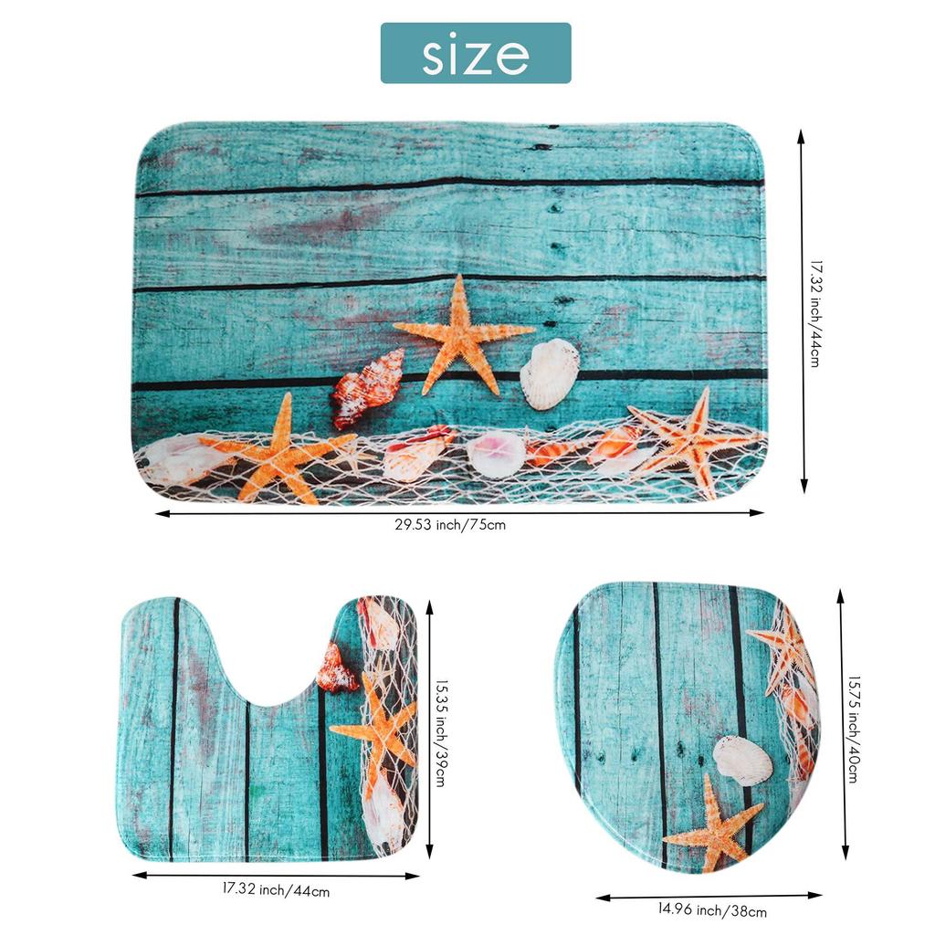 A11E-Beach Seashells Starfish Sand Bath Mat Holidays Summer Bathroom Carpet Rug Non-Slip 3 Piece Toilet Mat Set Starfish Floor