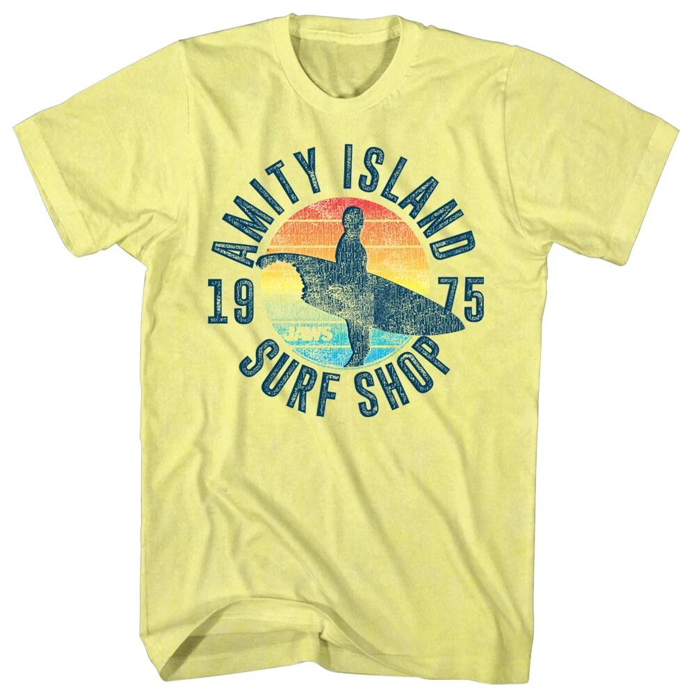 Jaws 70 s Thriller Movie Amity Island Surf Shop 1975 Bitten Board Men s T Shirt 3XL