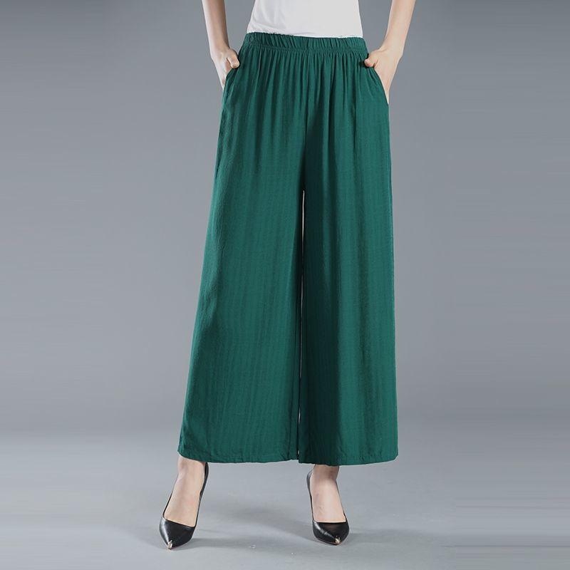 Women's Summer Cotton Wide Leg Trousers Loose Large Size Mother's Elastic High Waist Thin Nine-point Trousers