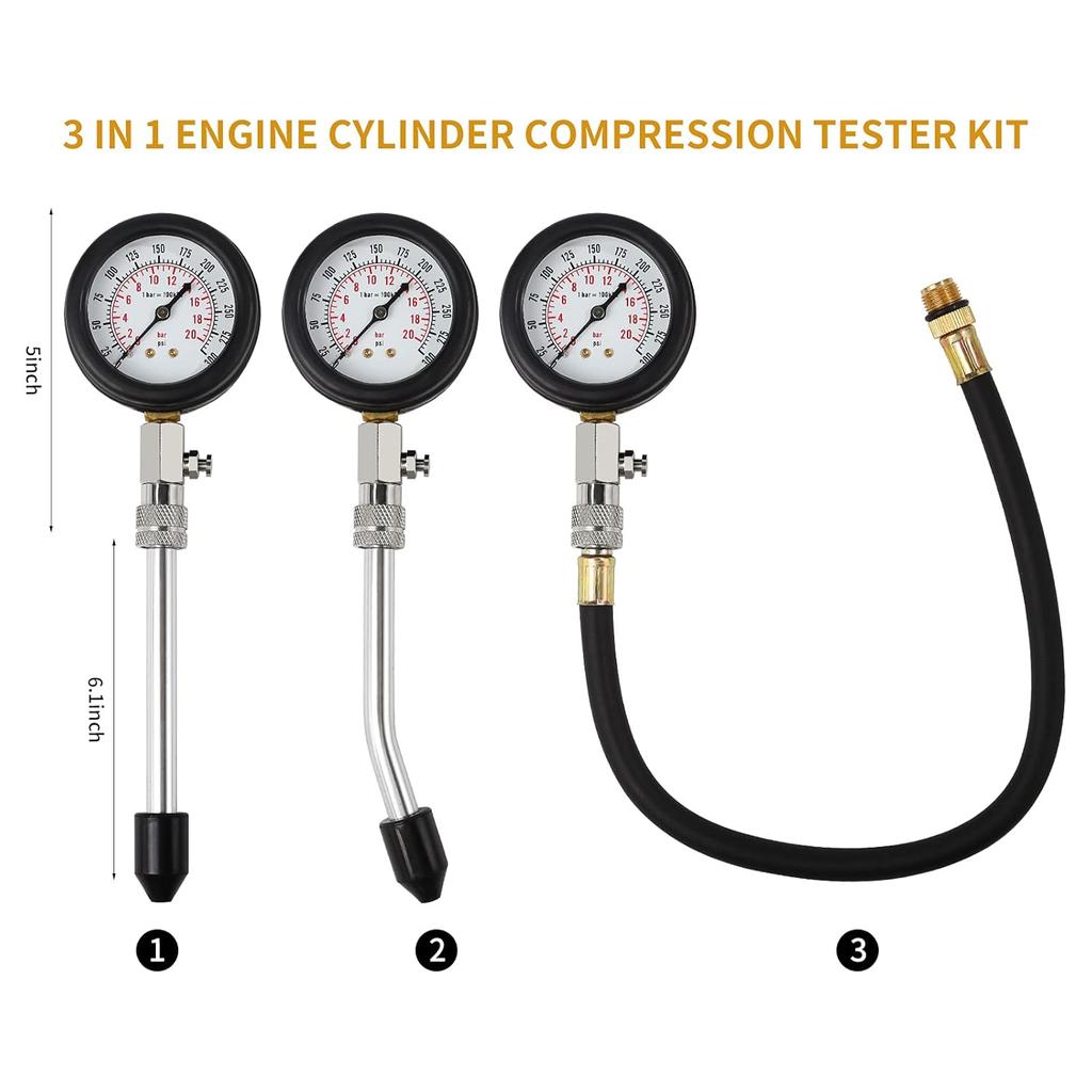 8PCS Compression Tester Kit 0-300 PSI Petrol Gas Engine Cylinder Pressure Gauge Automotive Tool For Motorcycle Car Truck (Black)