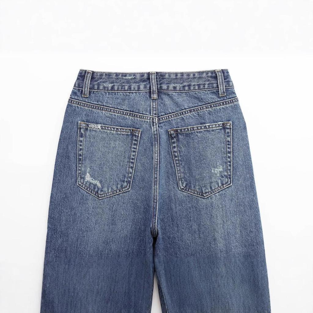 2025 Spring Women's High-Waist Ripped Denim Jeans: European & American Style