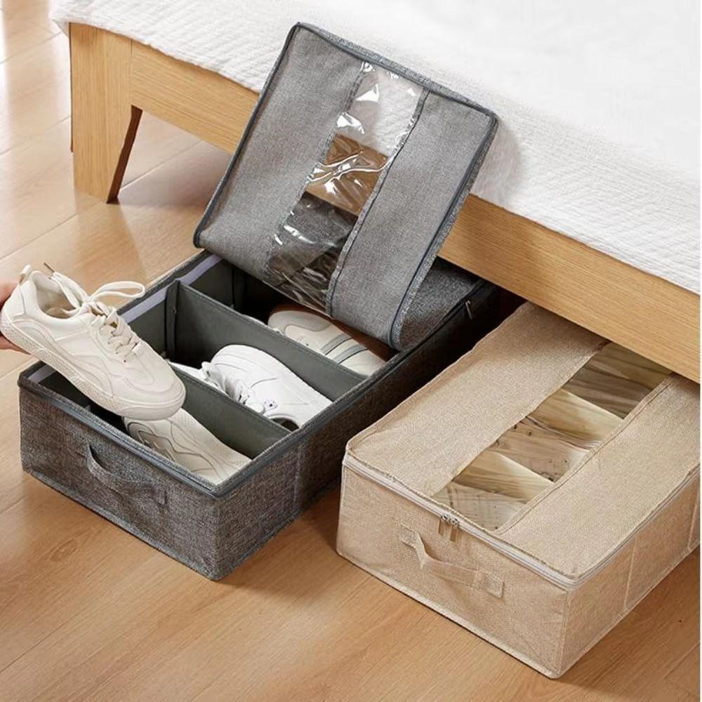Zipper Closure Under Bed Storage Bag Moisture-proof Cotton Linen Shoe Case  Bedroom