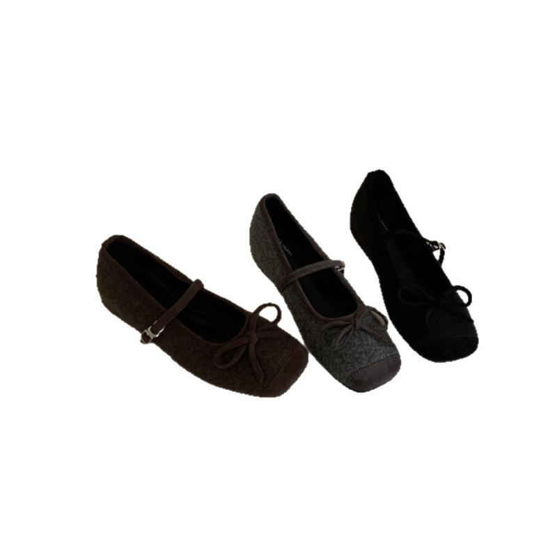 2025 new inner height-increasing single shoes versatile bow evening shoes shallow mouth ballet Mary Jane shoes woolen single shoes