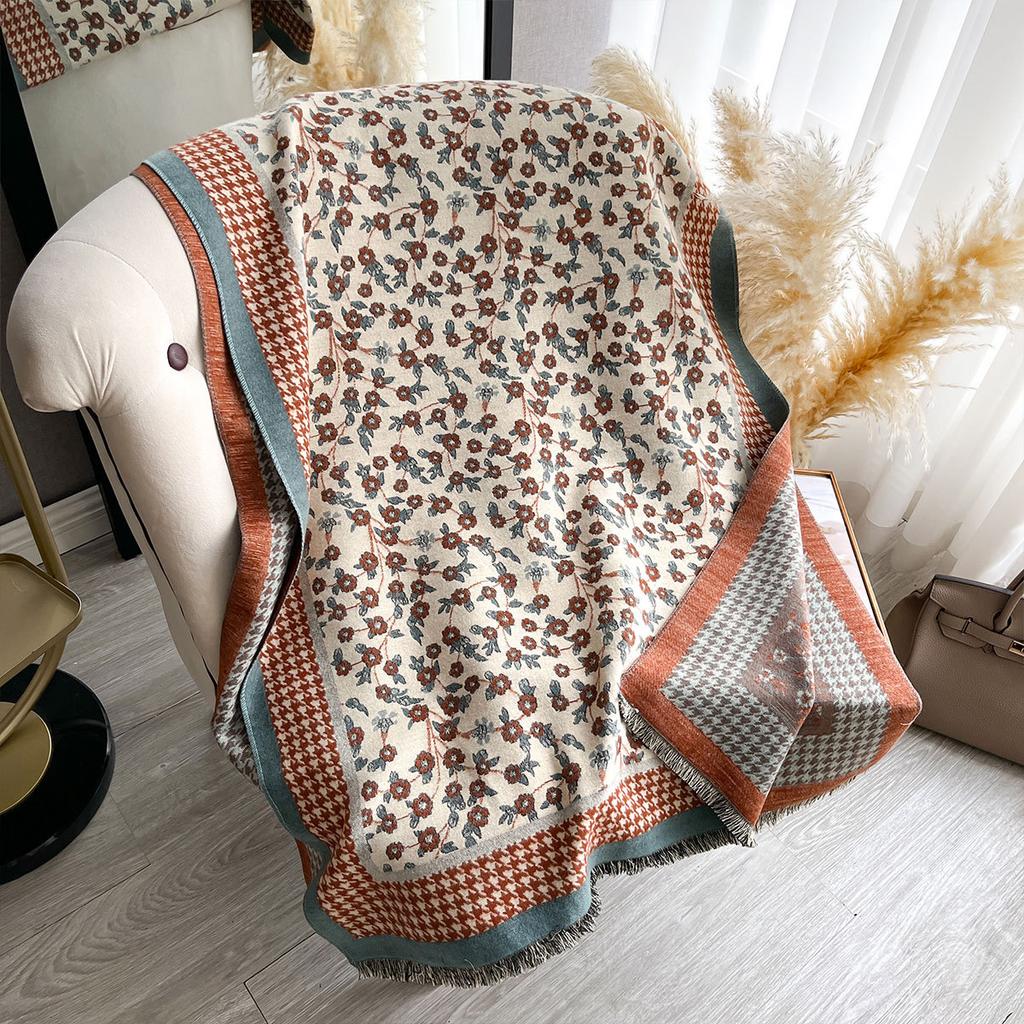 Autumn And Winter Imitation Cashmere Scarf Floral Thousand Bird Grid High-End Double-Sided Scarf Shawl Versatile Woman