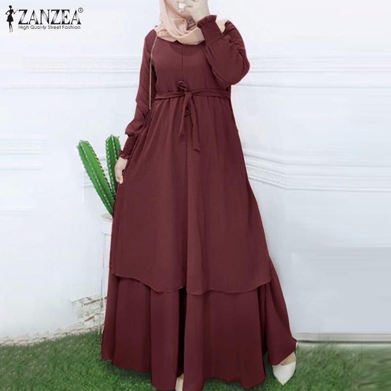 

ZANZEA Женское однотонное двухслойное длинное платье макси со складками и манжетами