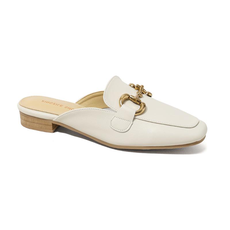 Leather Bag Head Half Slippers Women's Outer Wear 2025 New Horse Buckle Sandals Heelless Lazy Shoes Flat Muller Shoes