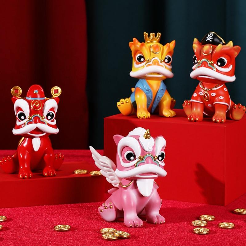 Chinese Lion Dance Mascot Ornament Traditional Dancing Lion Figurine Resin Decoration Figure with Gift Box