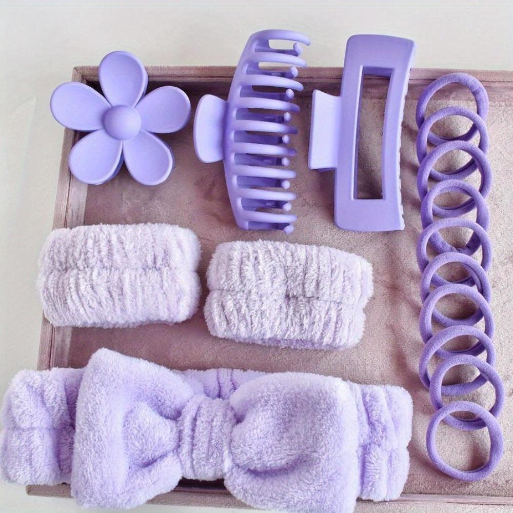 16pcs Bow Wash Face Headband Hair Bands Hair Ties Claw Clips Wrist Band Set - High Stretch Scrunchies, Matte Frosted Large Flower Claw Clips
