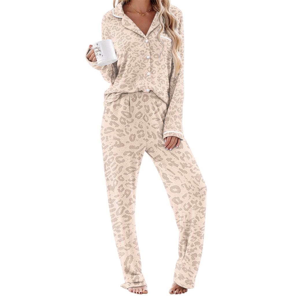Women's Printed Pajama Set Long Sleeve V-Neck Button-Up Top and Pants with Pockets for Loungewear