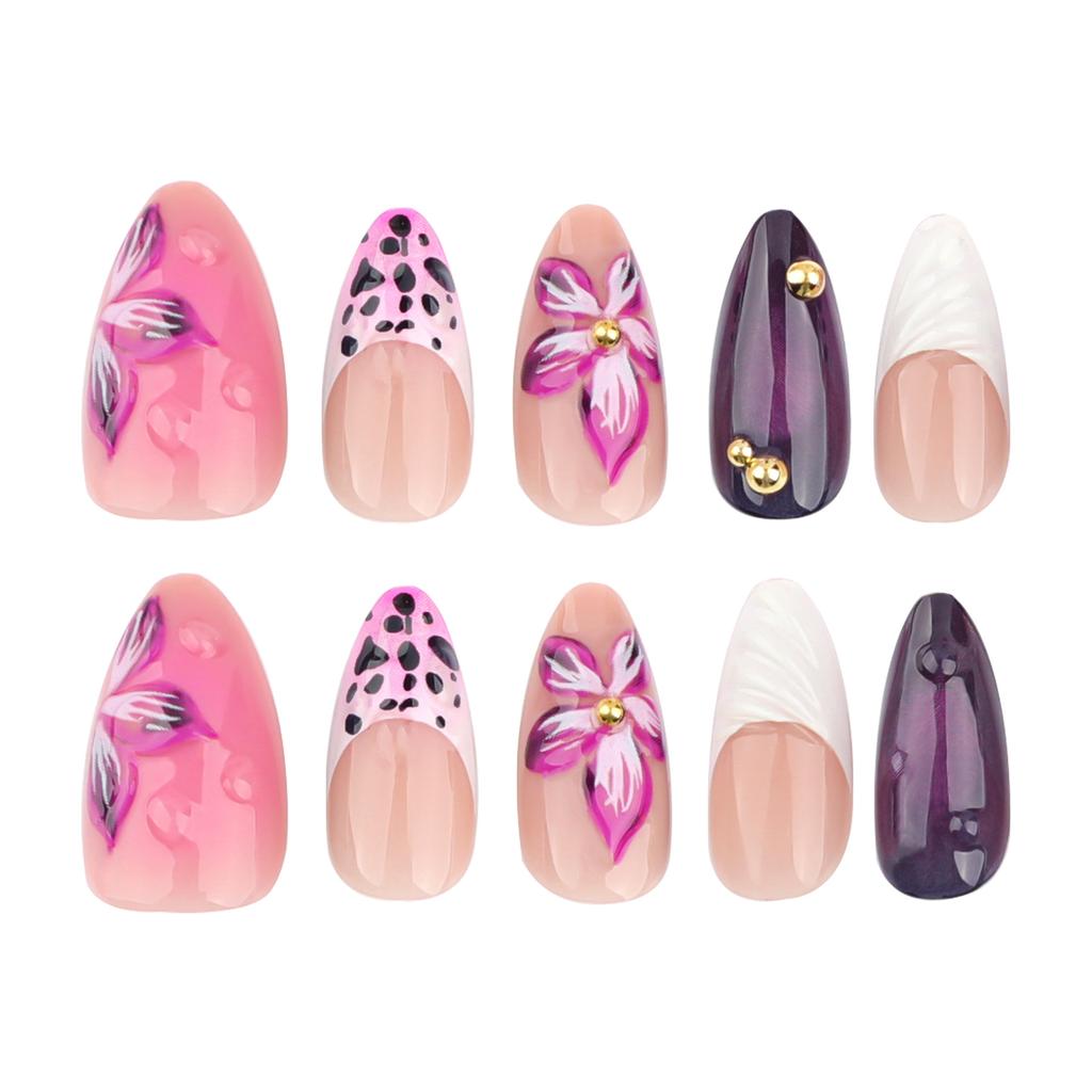 24pcs 3D Three-dimensional Flower Wear Armor French White Edge Pink Leopard Print Manicure Fake Nails Fake Nails