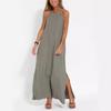 Modisches, lässiges Neckholderkleid aus Baumwolle und Leinen mit Schlitz