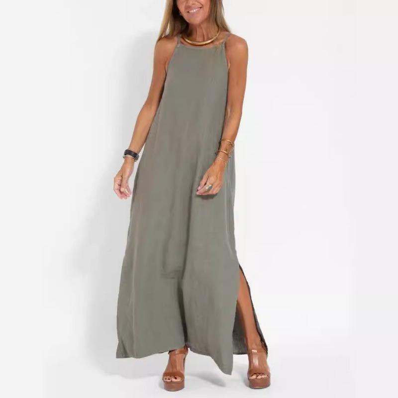 Modisches, lässiges Neckholderkleid aus Baumwolle und Leinen mit Schlitz