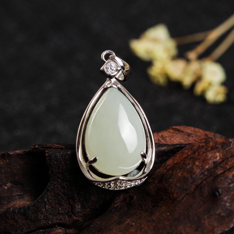 

925 Silver Inlaid Hetian Jade Water Drop Pendant Necklace - Retro Ethnic Hanfu Style with Certificate 925 Silver