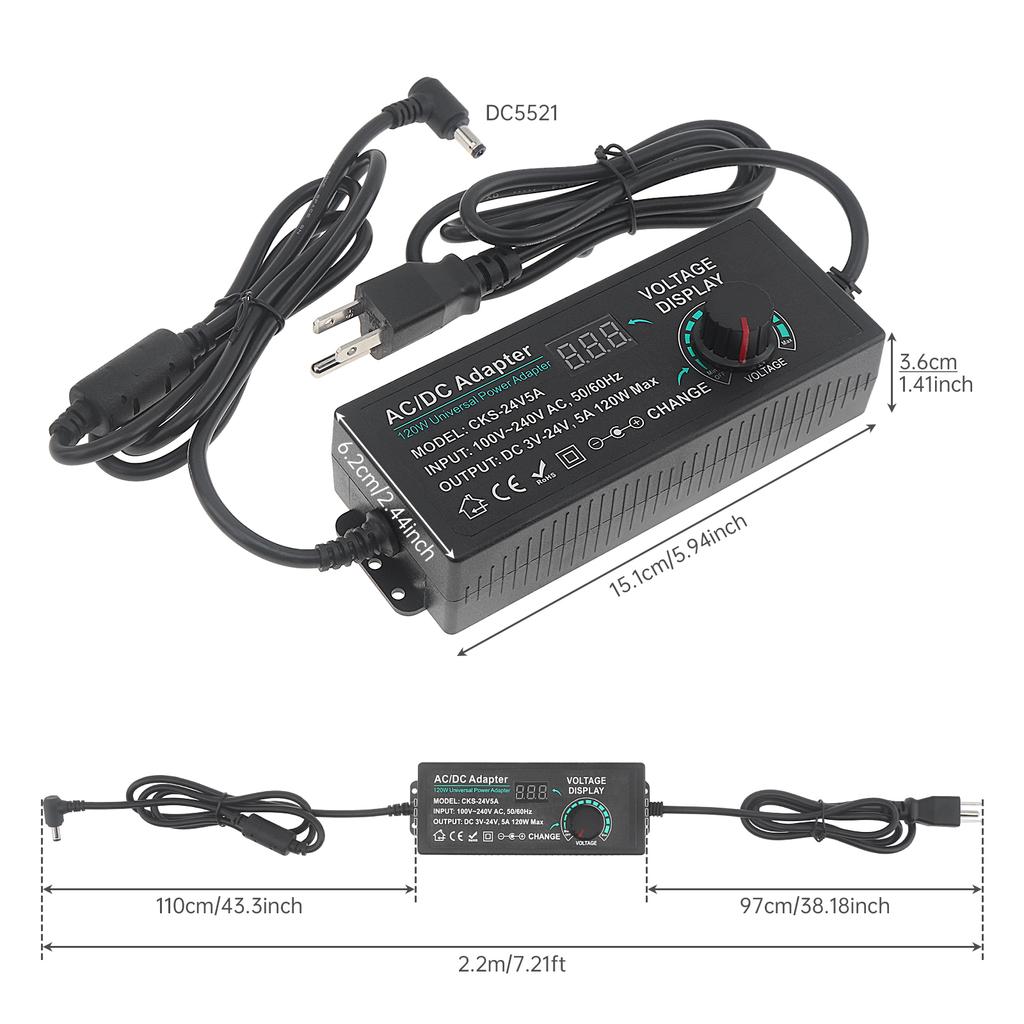 Adjustable Power Supply Adapter 72W 120W 5A Variable Switching Power Adapter 100V-240V AC To DC 3V-24V Converter Transformer