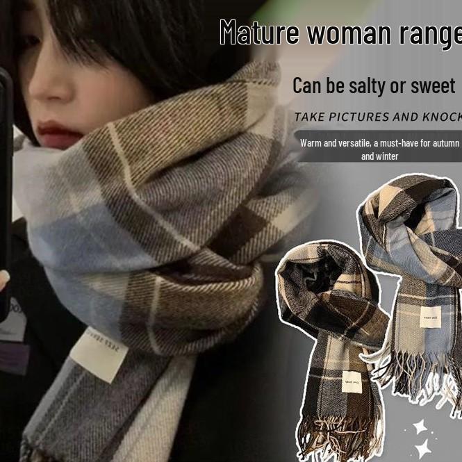 2025 Winter Scarf Women's Black & White Plaid, Korean Style for Couples, Warm & Thickened