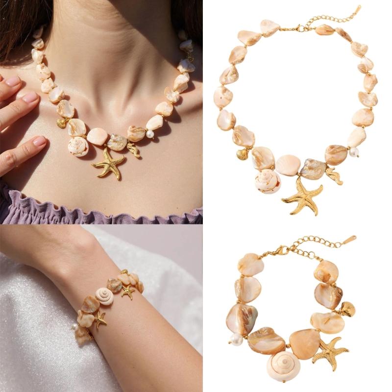 Handmade Look Stainless Steel Marine Jewelry Adjustable Length Starfish Shell Necklace/Bracelet Summer Fashion Gift