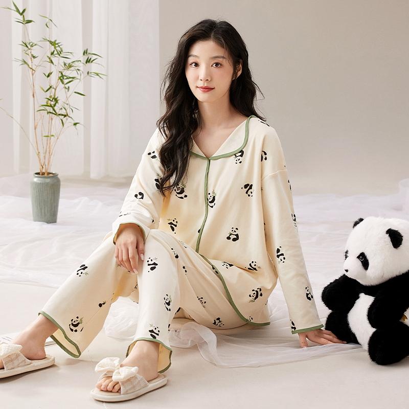 Bear Blue Flower Women Pajamas Set Long Sleeves Long Pants Autumn Winter Cute Kawaii Sleepwear Pyjamas Soft Pijamas Ladies Cozy