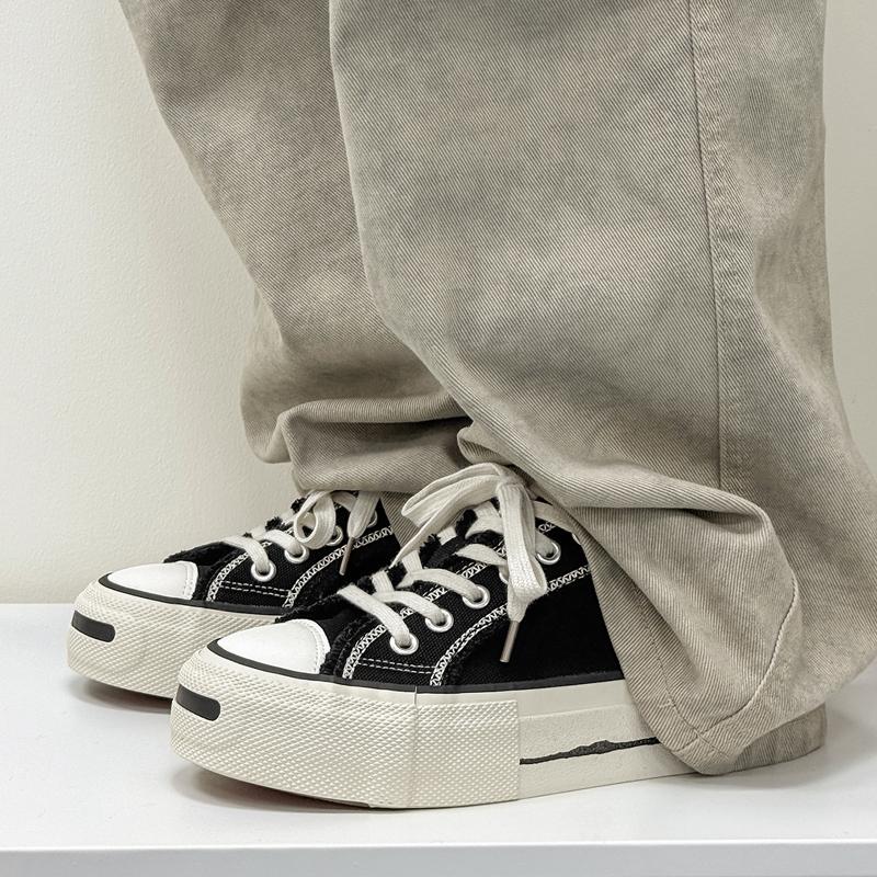 Men'S Vintage Canvas Shoes Arch Support Chunky Platform Height Increasing Black White Streetwear Outdoor Hiking Sneakers