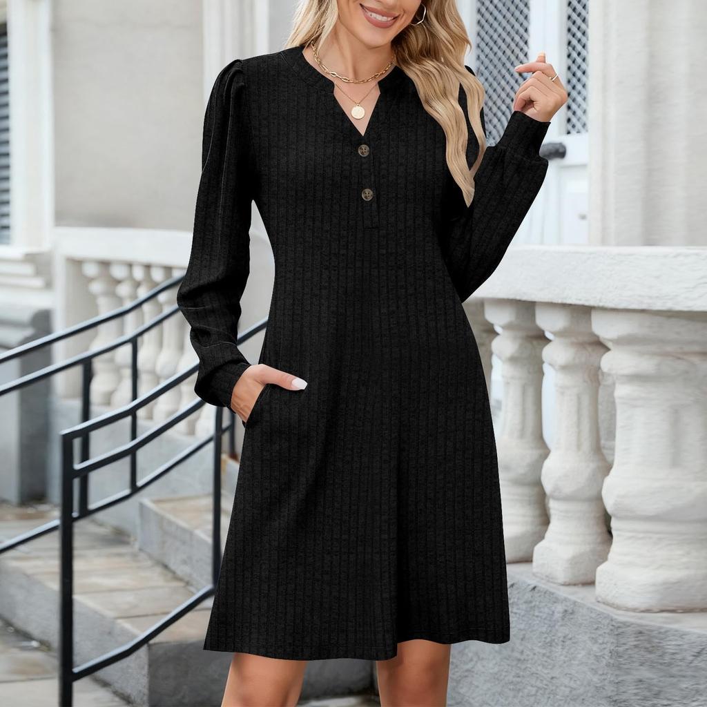 Women's Casual Fashion -color V-neck Brushed Ribbed Button Pocket A-line Long-sleeved Dress