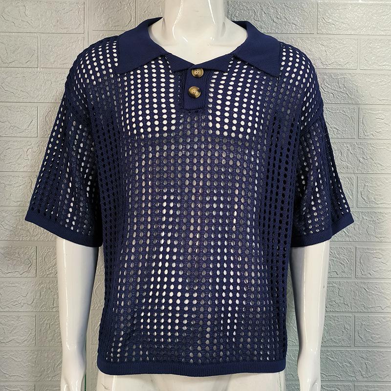Summer Men's Lapel Hollow Knit Sweater Fashion Loose Large Size Knit Sweater