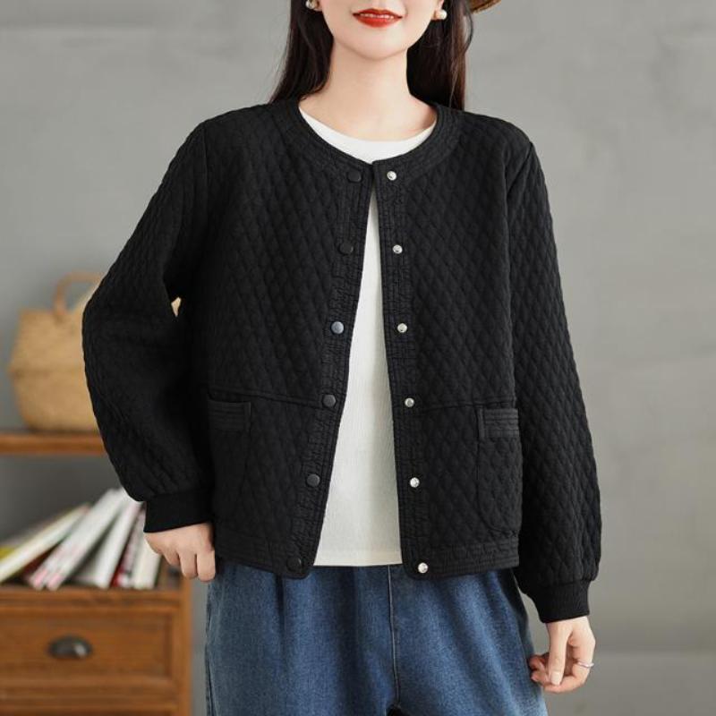 Fashionable Casual Cotton Diamond Hoodie Short Jacket Women Age-reducing Slimming Round Neck Long-sleeved Cardigan