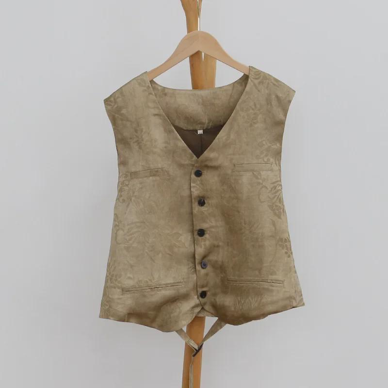 Spring/Autumn Women's Vest Suit: Silk Linen Blend with Jacquard, Long Midi Skirt B0203