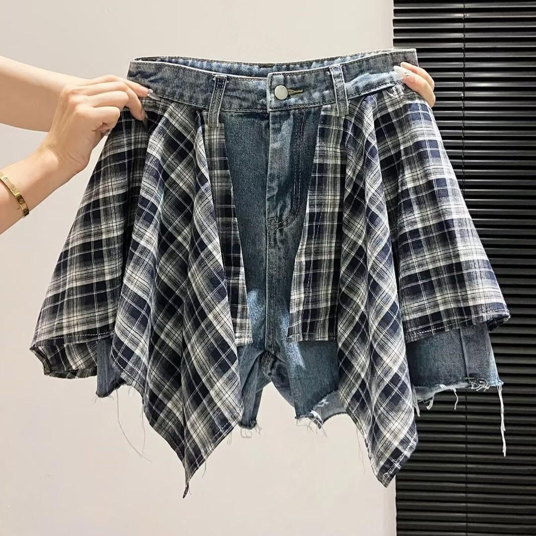 Irregular plaid splicing denim shorts women s summer design sense high waist thin loose wide leg a word shorts women S синий