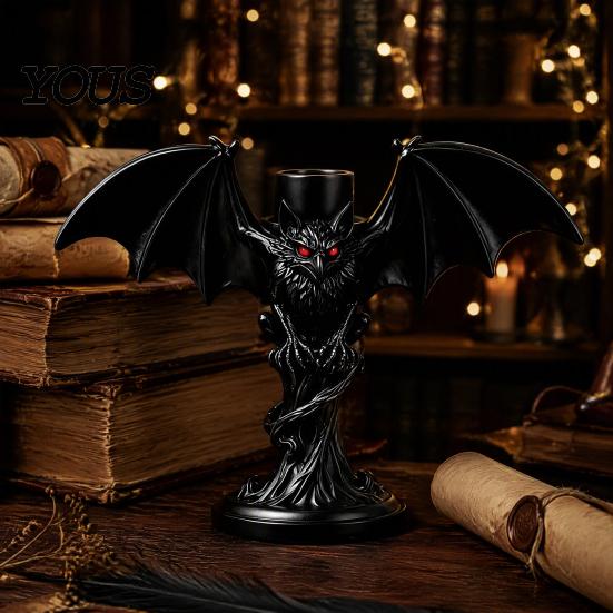 Halloween Bat Candle HolderGothic Tealight Holder Devil Holder, Gothic Winged Candlestick with Shadow Projection Red Eyes, Matte Black Sticks