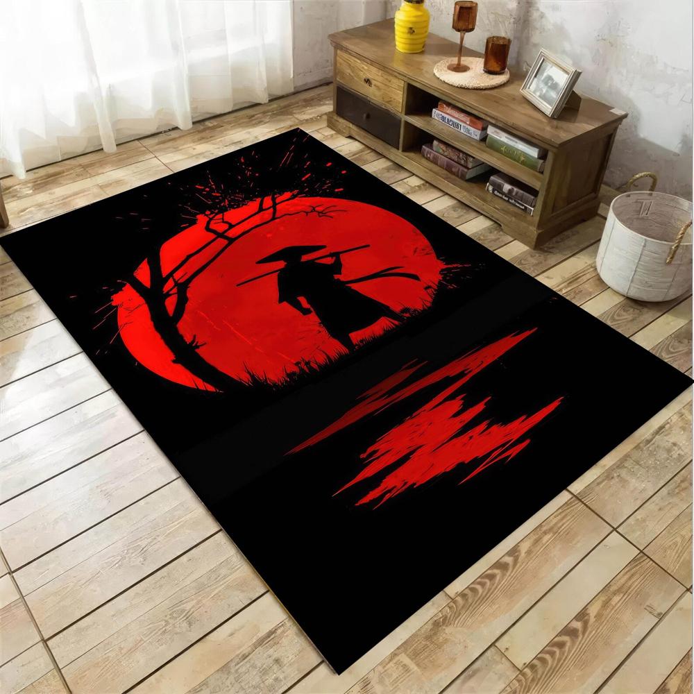 Japanese Samurai Silhouette Print Area Rug, Red Sun Cherry Blossom Floor Mat for Living Room Bedroom Game Room Dorm Home Decor 40X60CM
