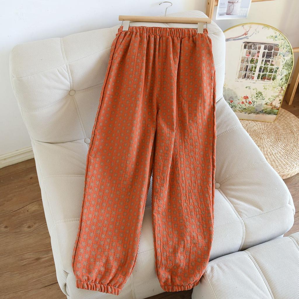 2026 New Spring/Summer Women's Sleeper Pants 100% Cotton Gauze Jacquard Retro Color Knitted Pants Loose Closure Home Pants