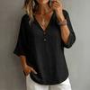 Women Tops Loose Fit V Neck 3/4 Sleeves Pullover Tops Button Decor Pure Color Summer Casual T-shirt Daily Wear