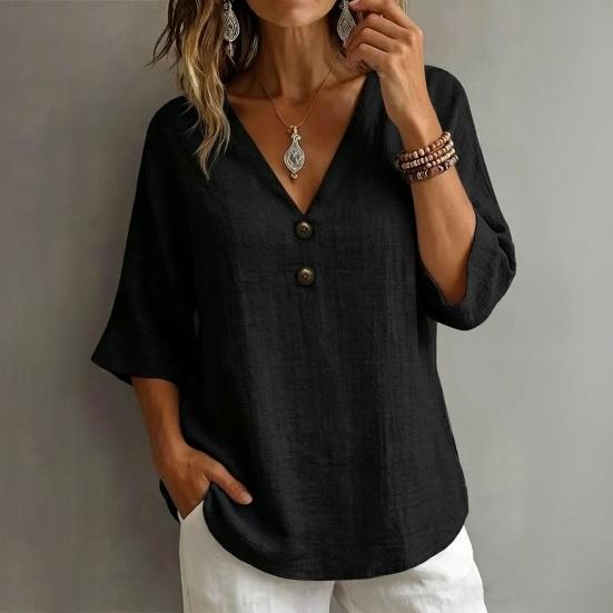 Women Tops Loose Fit V Neck 3/4 Sleeves Pullover Tops Button Decor Pure Color Summer Casual T-shirt Daily Wear