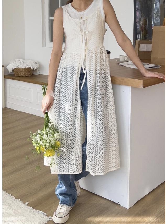 Korean Chic Lace See-Through Strappy Dress & Tie Cardigan - 2026 Spring/Summer Collection for Women